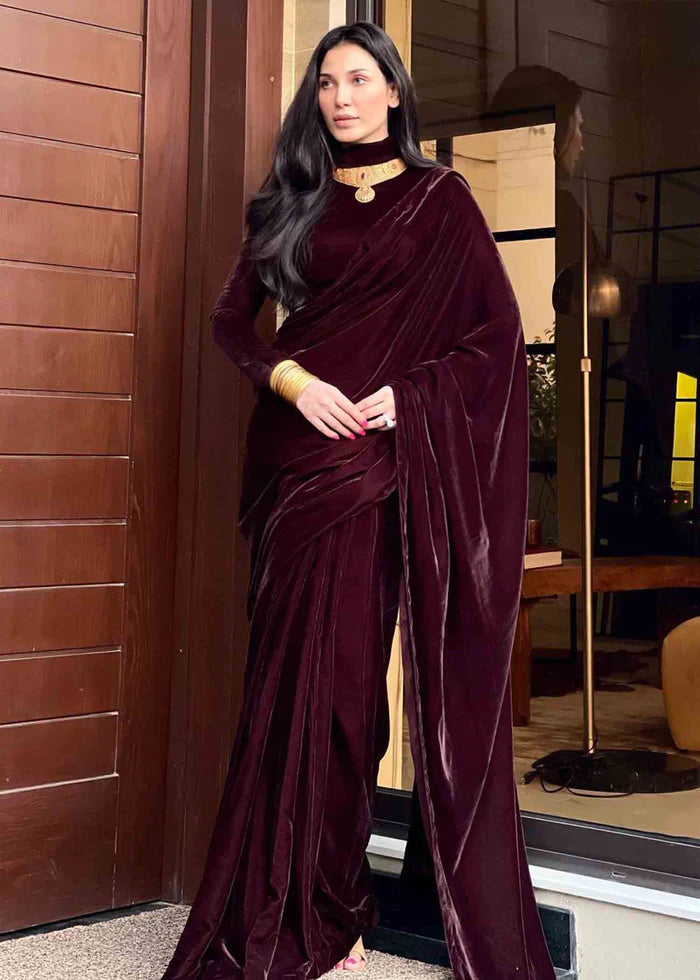 Brown Satin Saree In Stone Work & Blouse Latest 4948SR06